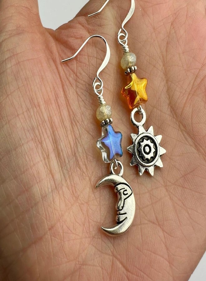Agromusk Vintage Sun Moon Star Dangle Earrings for Women,Boho Celestial Jewelry Asymmetric Drop Earrings Silver Iridescent Orange Blue Retro Earrings Gifts(Light Blue) - Image 2